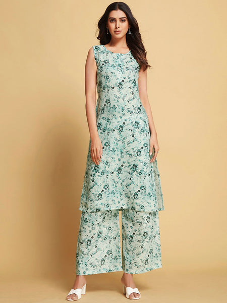 Sangria Green Floral Printed Sleeveless Straight Linen Kurta & Palazzo