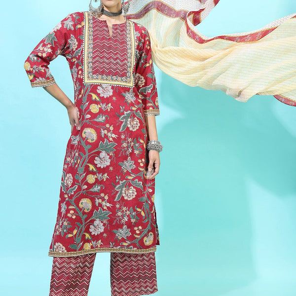 Vishudh Women Yoke Design Pure Cotton Kurta with Trouser & Dupatta - Distacart