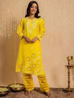 Thumbnail for HOUSE OF KARI Ethnic Motifs Embroidered Round Neck Chikankari Chanderi Silk Kurta - Distacart