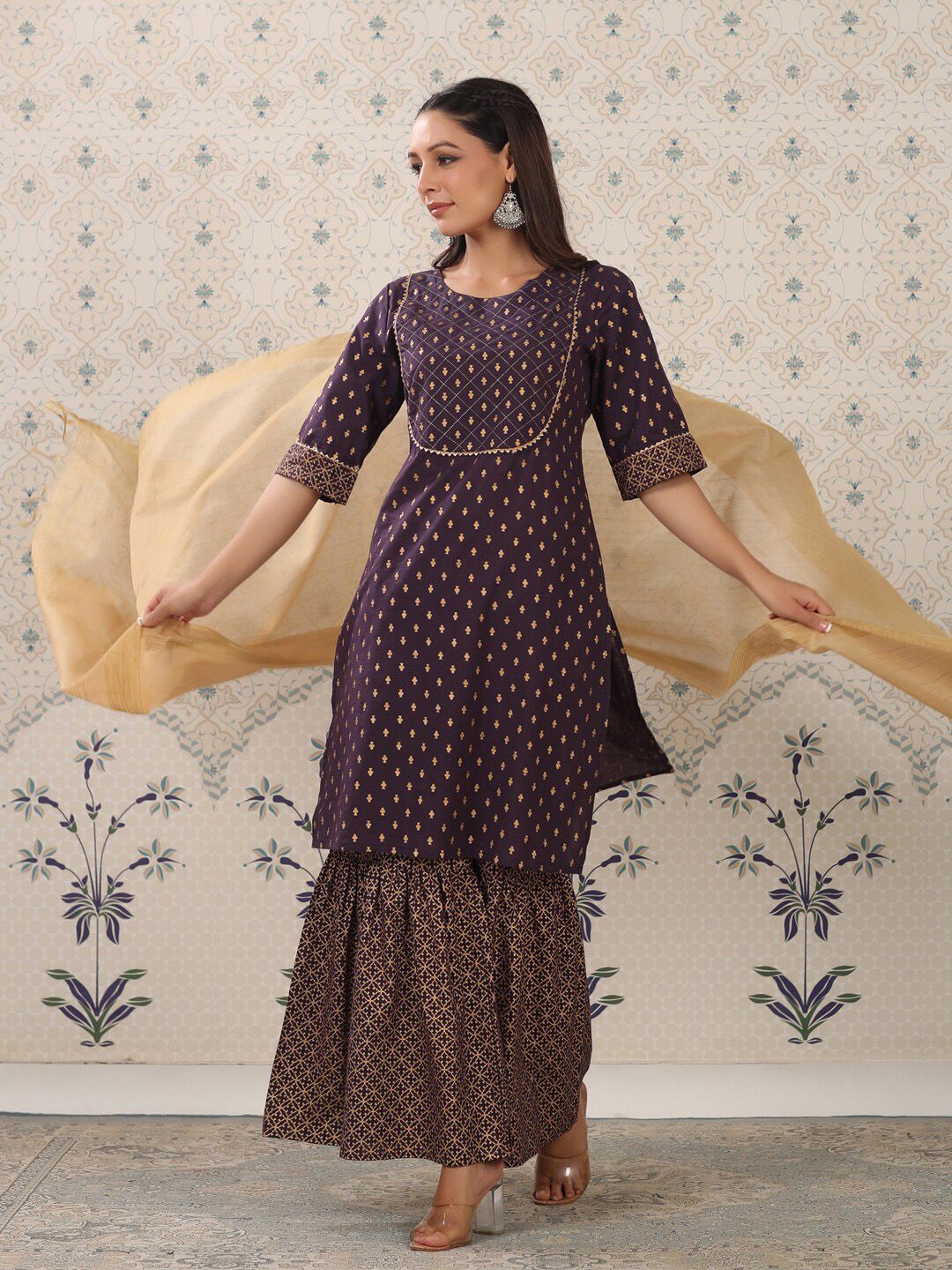 Ode by House of Pataudi Purple Floral Printed Pure Cotton Kurta With Sharara & Dupatta - Distacart