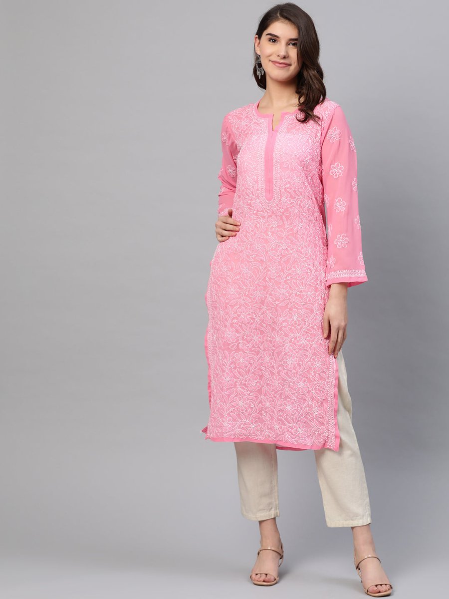 ADA Women Pink & White Chikankari Embroidered Straight Sustainable Handloom Kurta - Distacart