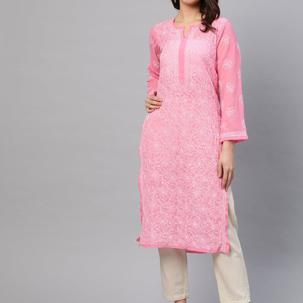 ADA Women Pink & White Chikankari Embroidered Straight Sustainable Handloom Kurta - Distacart