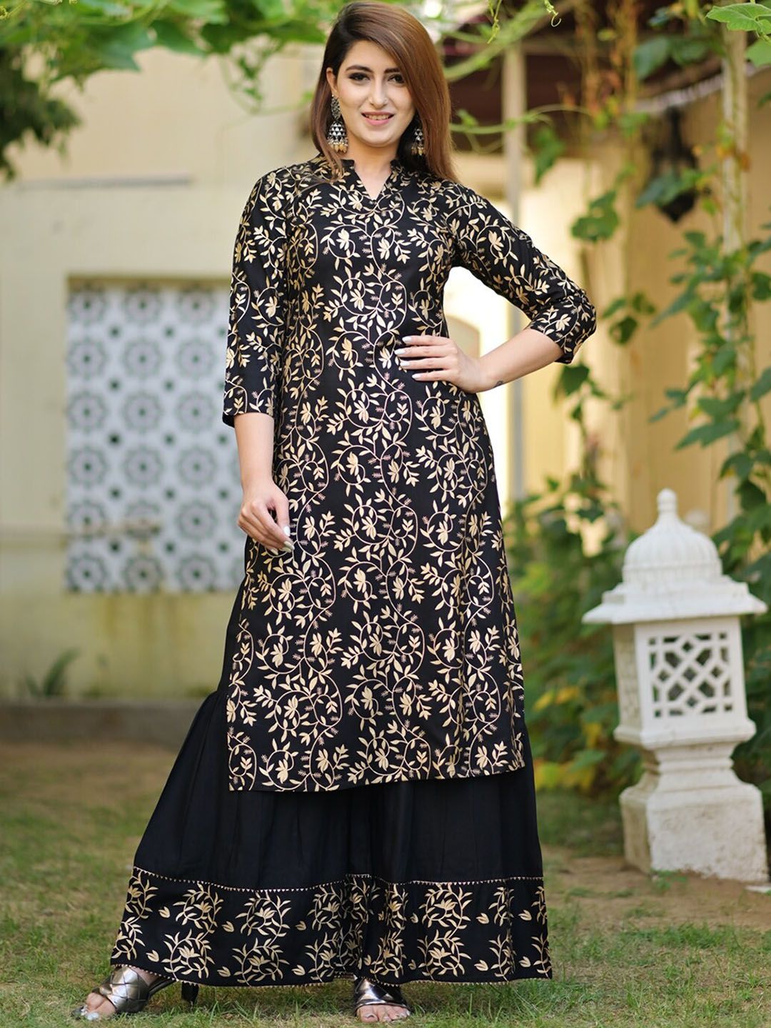 Kalini Ethnic Motifs Printed Mandarin Collar Kurta with Sharara & Dupatta