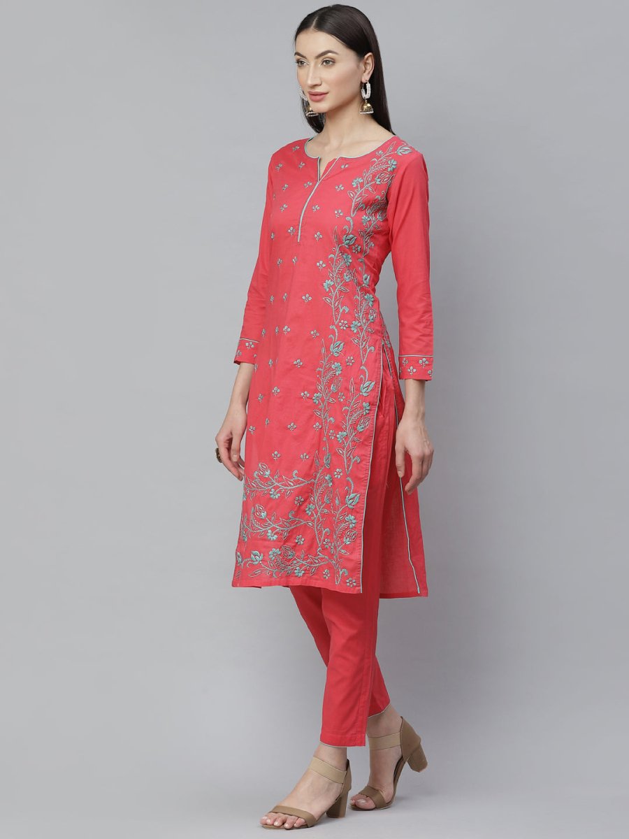 ADA Women Pink & Blue Chikankari Hand Embroidered Sustainable Handloom Kurta with Trousers - Distacart