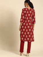 Thumbnail for All About You Women Red Floral Printed Pure Cotton Regular Kurta with Trousers - Distacart