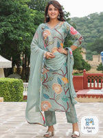 Thumbnail for Kalini Floral Printed V-Neck Straight Kurta & Trousers With Dupatta - Distacart