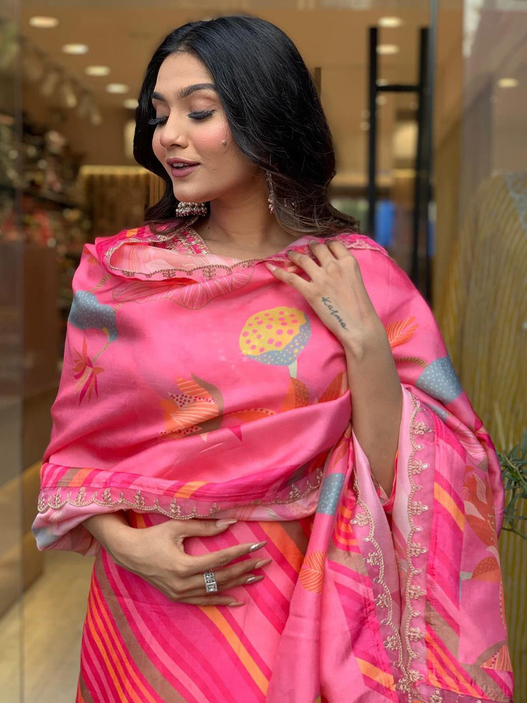 Kalini Leheriya Printed Sequinned Pure Silk Kurta with Trousers & Dupatta - Distacart