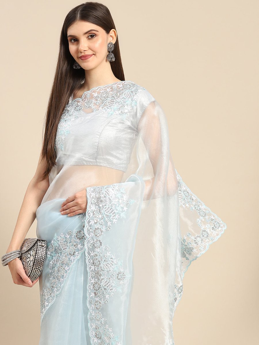 Anouk Blue Organza Saree With Embroidered Border - Distacart