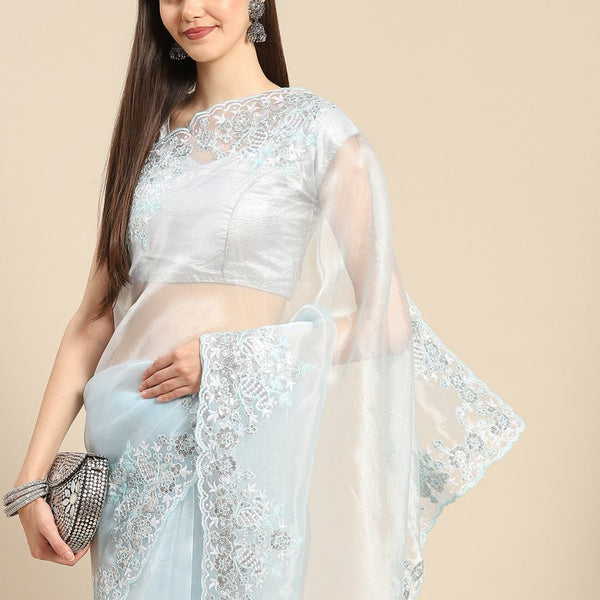 Anouk Blue Organza Saree With Embroidered Border - Distacart