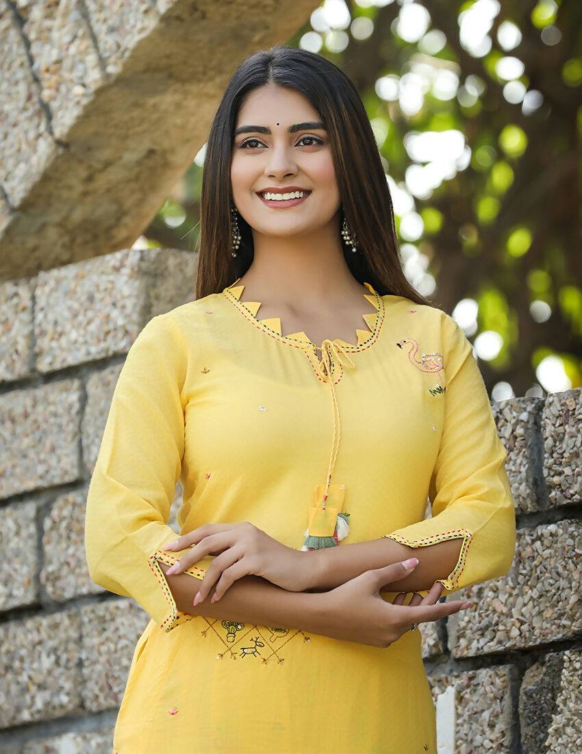 Kaajh Women's Yellow Embroidery Kurta Sharara Set - Distacart