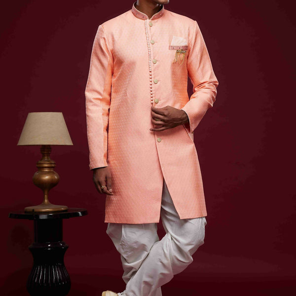 Raivat Ethnic Banarasi Jacquard Embroidery Semi Indo Western Sherwani In Pink Colour