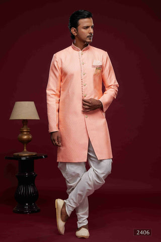 Raivat Ethnic Banarasi Jacquard Embroidery Semi Indo Western Sherwani In Pink Colour