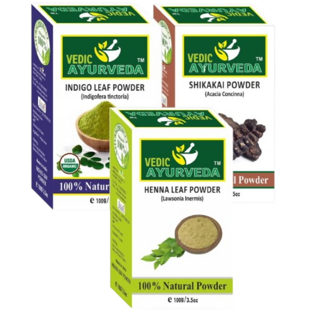 VedicAyurveda Pure Organic & Natural Indigo, Shikakai & Heena Powder - Dista