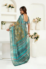 Thumbnail for Joban Fashion Petrol Ethinic Motifs Linen Ready To Wear Saree With Unstitched Blouse - Distacart