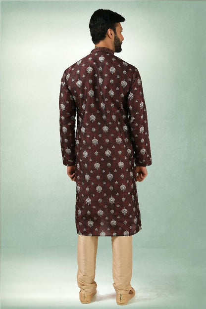 Raivat Ethnic Art Silk Printed Work Kurta Pajama In Brown Colour - Distacart
