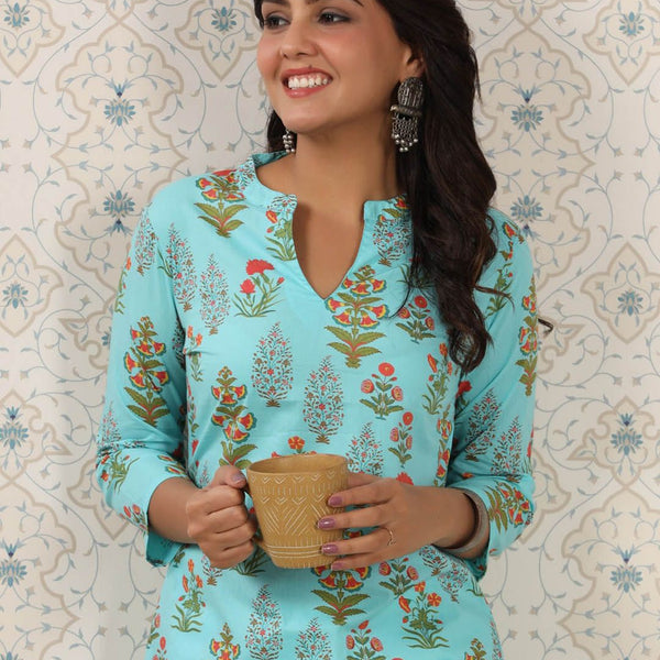 Ode by House of Pataudi Floral Printed Mandarin Collar Pure Cotton Kurta - Distacart