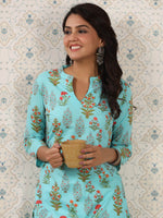 Thumbnail for Ode by House of Pataudi Floral Printed Mandarin Collar Pure Cotton Kurta - Distacart