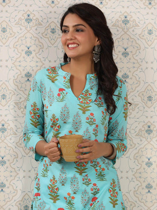 Ode by House of Pataudi Floral Printed Mandarin Collar Pure Cotton Kurta - Distacart