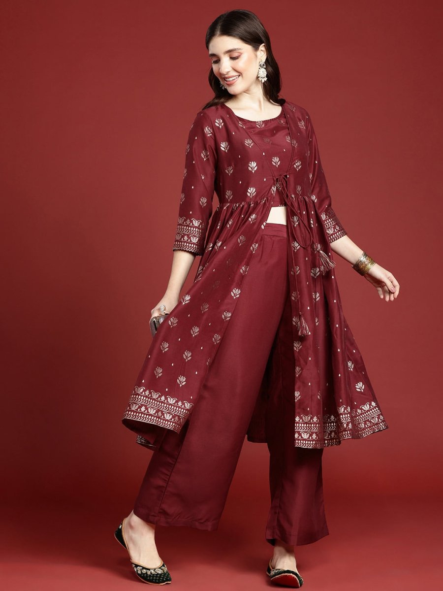 Anouk Women Ethnic Motifs Printed Crop Top With Trousers & Jacket - Distacart