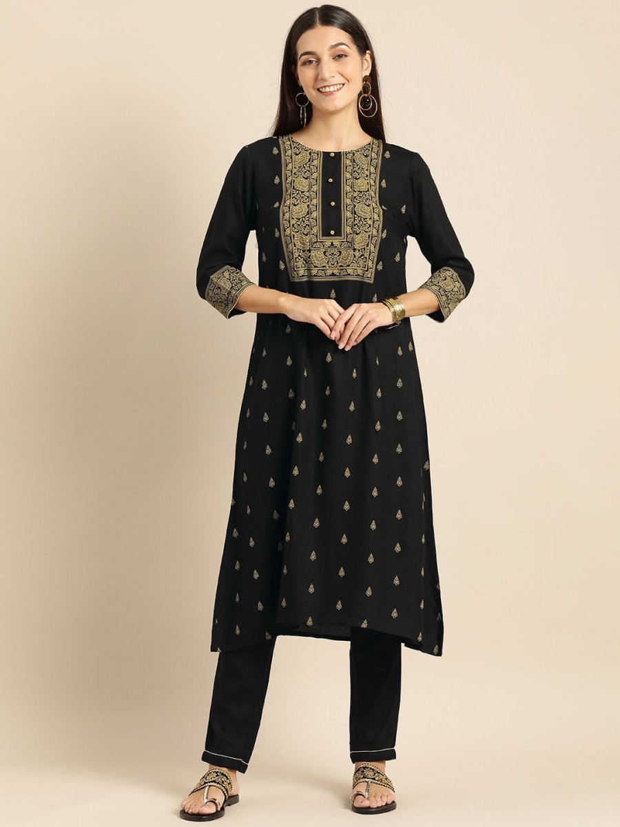 All About You Women Black & Mustard Yellow Printed Kurta with Trousers - Distacart
