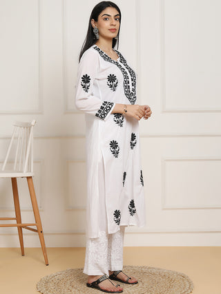 HOUSE OF KARI Women Ethnic Motifs Embroidered Regular Chikankari Pure Cotton Kurta with Trousers - Distacart