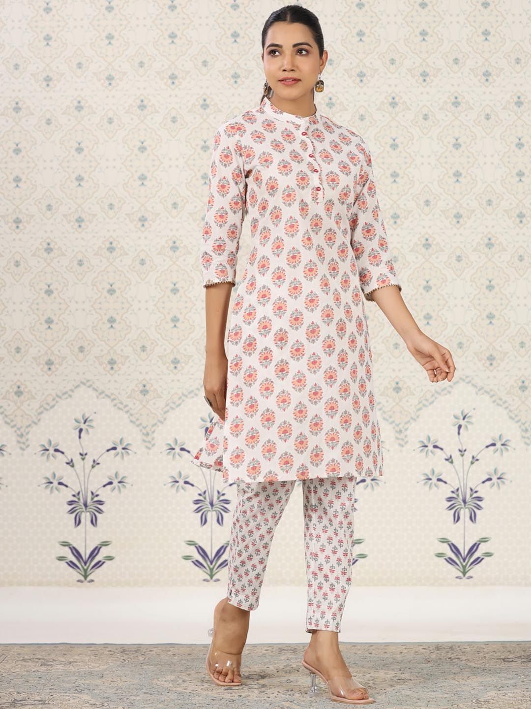 Ode by House of Pataudi Ethnic Motifs Printed Band Collar Pure Cotton Kurta with Trousers - Distacart