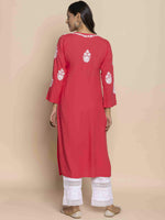 Thumbnail for HOUSE OF KARI Floral Chikankari Embroidered Notched Round Neck Straight Kurta - Distacart