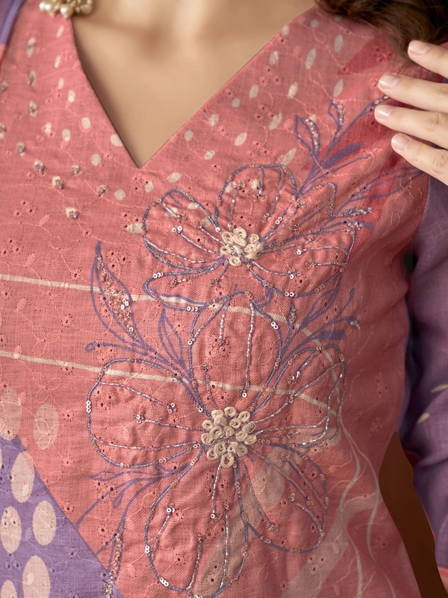 Anouk Lavender Floral Embroidered Beads & Stones Linen Kurta with Trousers & Dupatta - Distacart