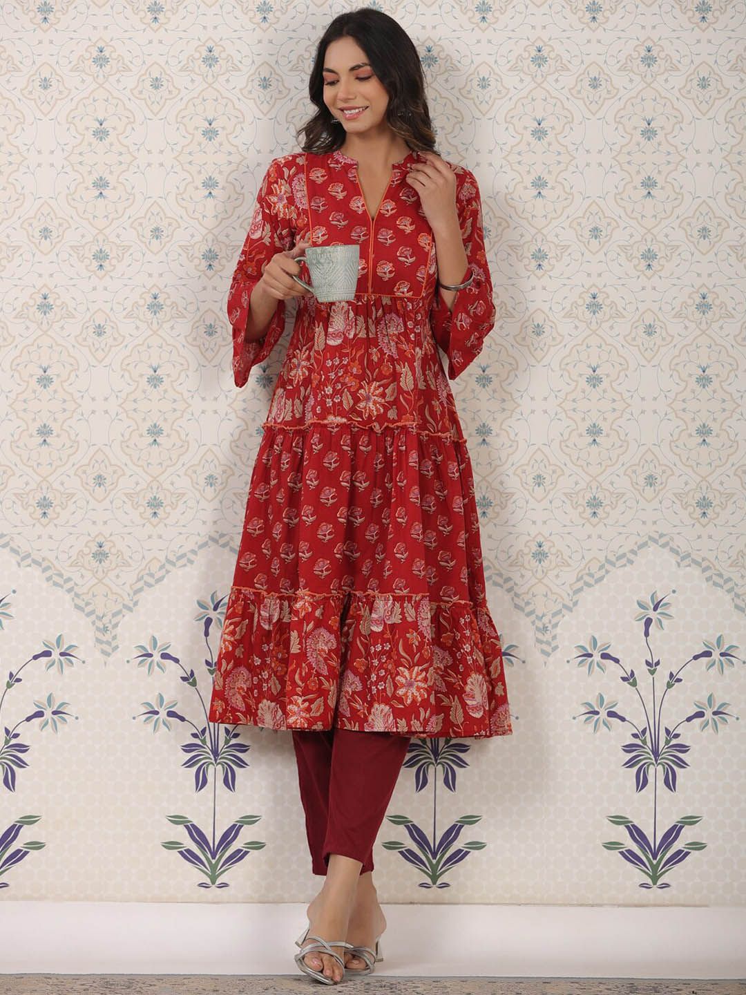 Ode by House of Pataudi Ethnic Motifs Printed Bell Sleeves A-Line Cotton Kurta - Distacart