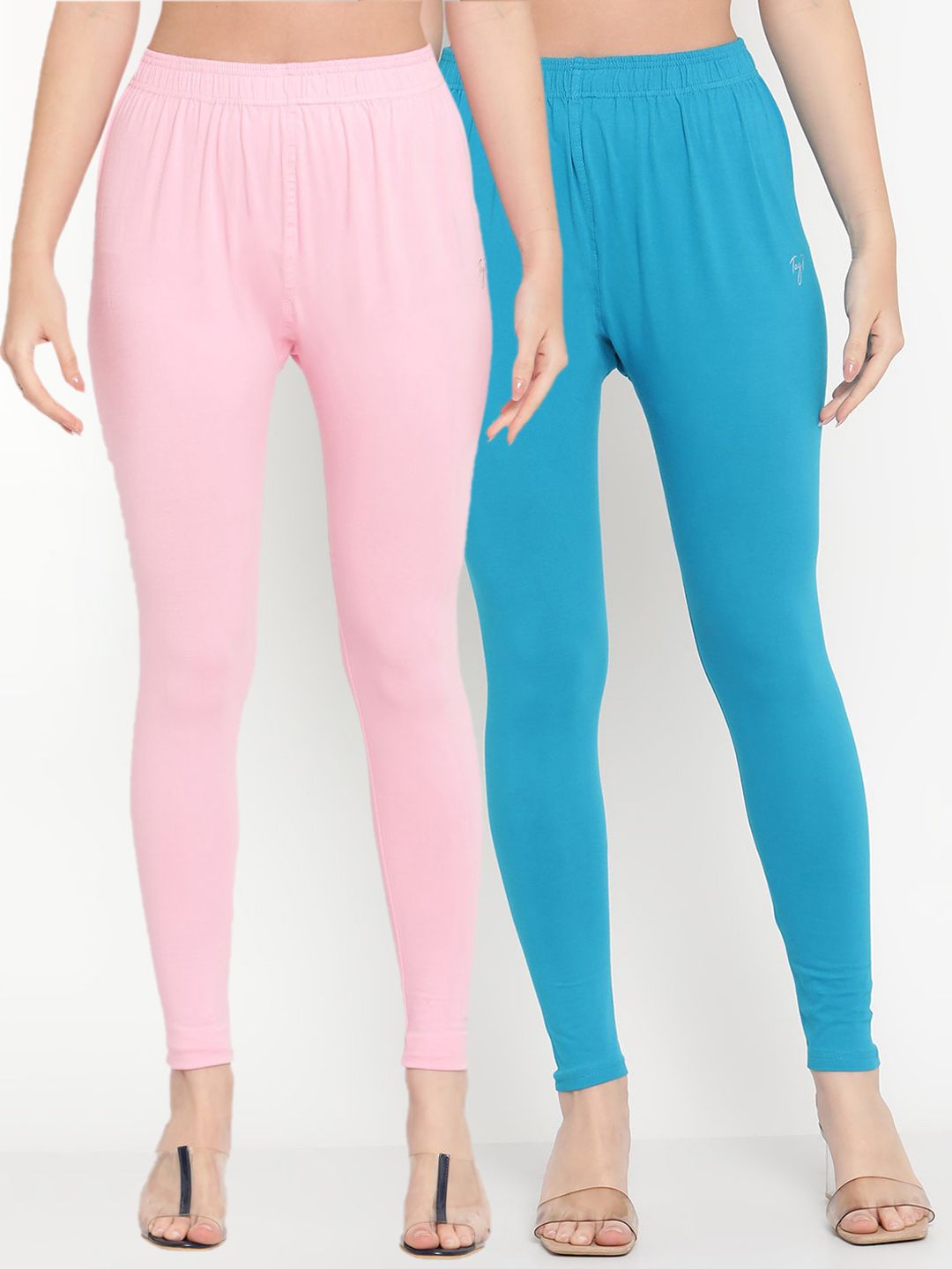 TAG 7 Women Pack Of 2 Pink and Blue Solid Comfort-Fit Ankle-Length Leggings - Distacart