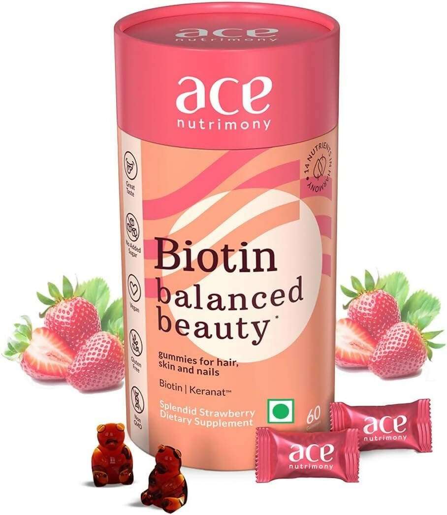Ace Nutrimony Biotin Balanced Beauty Hair Gummies for Skin and Nails with Clinically Proven Keranat, Biotin - Strawberry - Distacart
