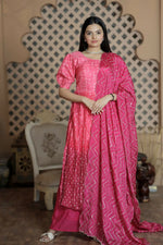 Thumbnail for Jyoti Fashion Women's Pink Muslin Floral Print with Crush Pleating Kurta with Trouser & Dupatta - Distacart
