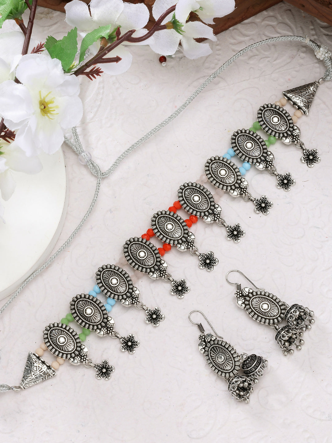 NVR Women's Silver-Plated Choke Oxidized Necklace with Jhumka Earrings - Distacart