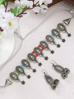 Thumbnail for NVR Women's Silver-Plated Choke Oxidized Necklace with Jhumka Earrings - Distacart