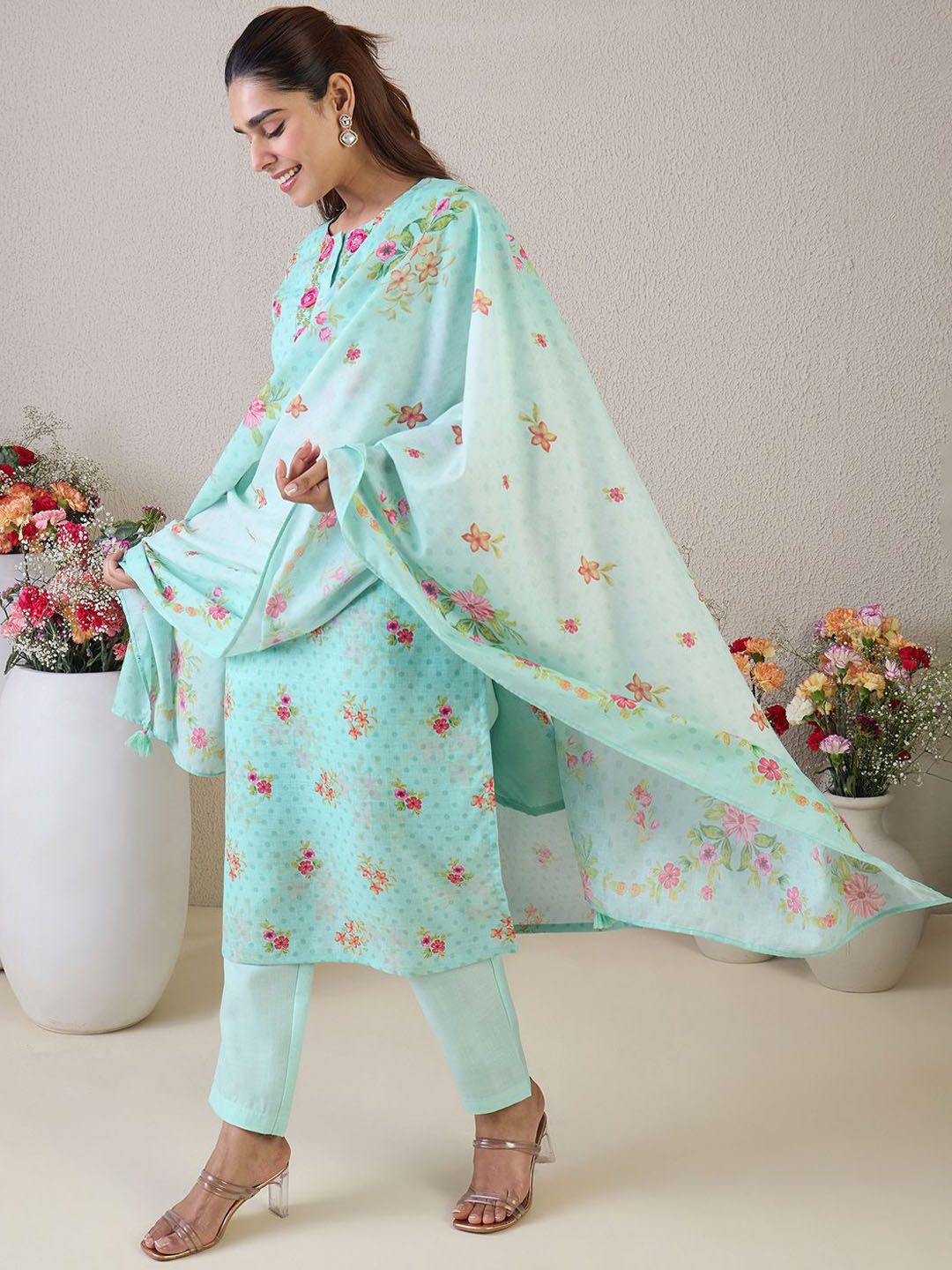 Indo Era Women Floral Embroidered Thread Work Linen Kurta with Trousers & With Dupatta