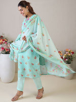 Thumbnail for Indo Era Women Floral Embroidered Thread Work Linen Kurta with Trousers & With Dupatta