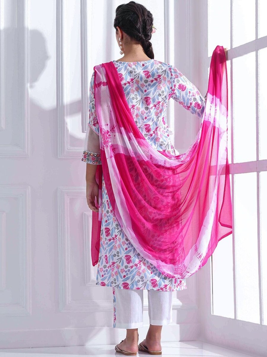 Anouk Women Floral Printed Kantha Work Pure Cotton Kurta with Trousers & With Dupatta