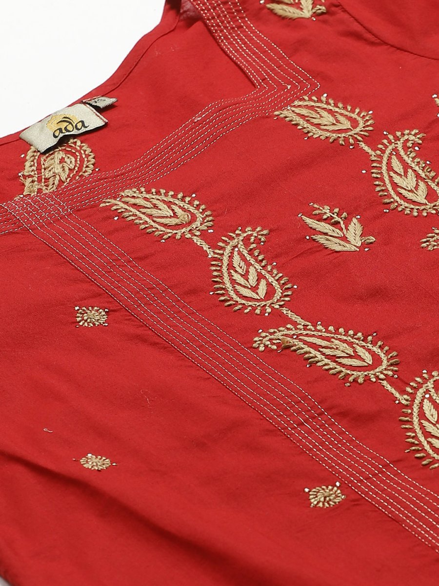 ADA Women Red & Beige Paisley Chikankari Embroidered Sustainable Handloom Kurta with Trousers - Distacart