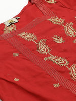 Thumbnail for ADA Women Red & Beige Paisley Chikankari Embroidered Sustainable Handloom Kurta with Trousers - Distacart