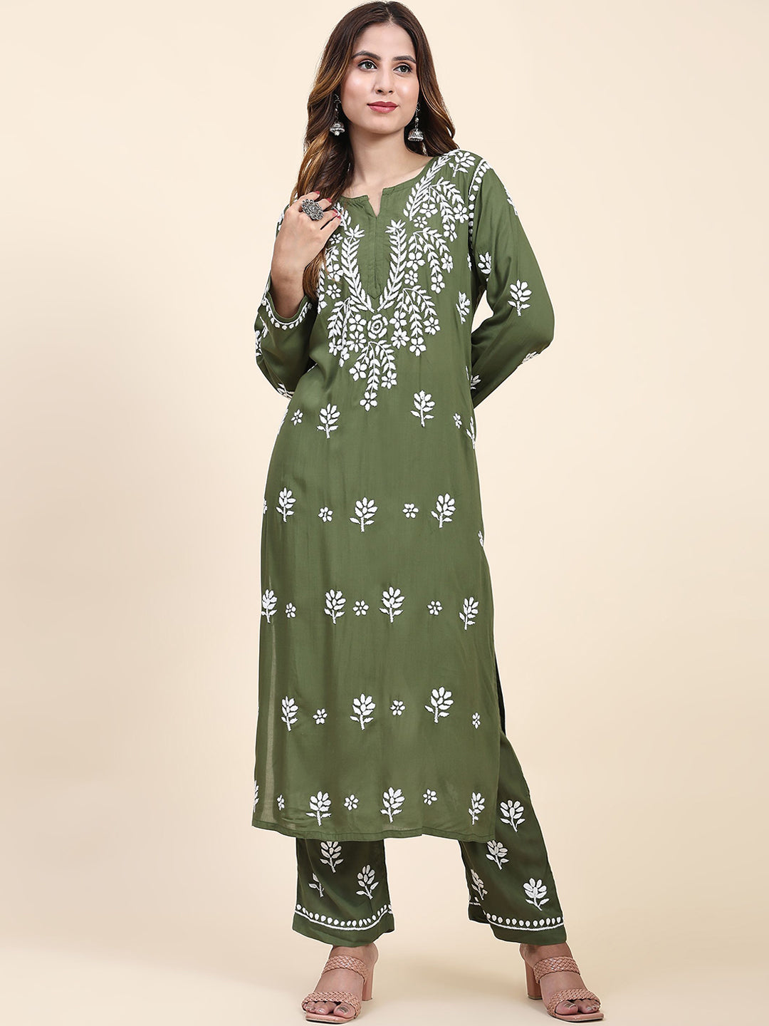 HOUSE OF KARI Floral Embroidered Thread Work Pure Cotton Kurta with Trousers - Distacart