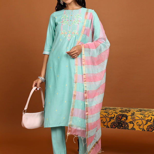 Vishudh Floral Embroidered Thread Work Kurta With Trousers & Dupatta - Distacart