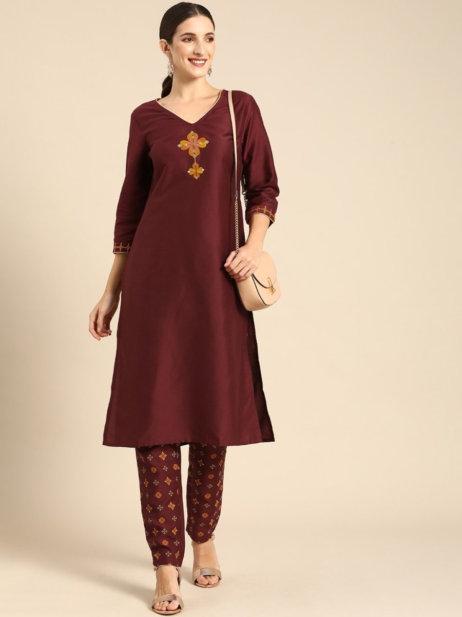 All About You Women Maroon Floral Yoke Design Regular Kurta with Trousers - Distacart