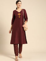 Thumbnail for All About You Women Maroon Floral Yoke Design Regular Kurta with Trousers - Distacart