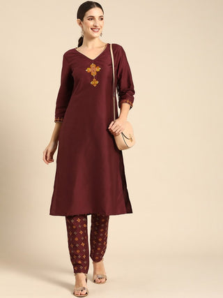 All About You Women Maroon Floral Yoke Design Regular Kurta with Trousers - Distacart
