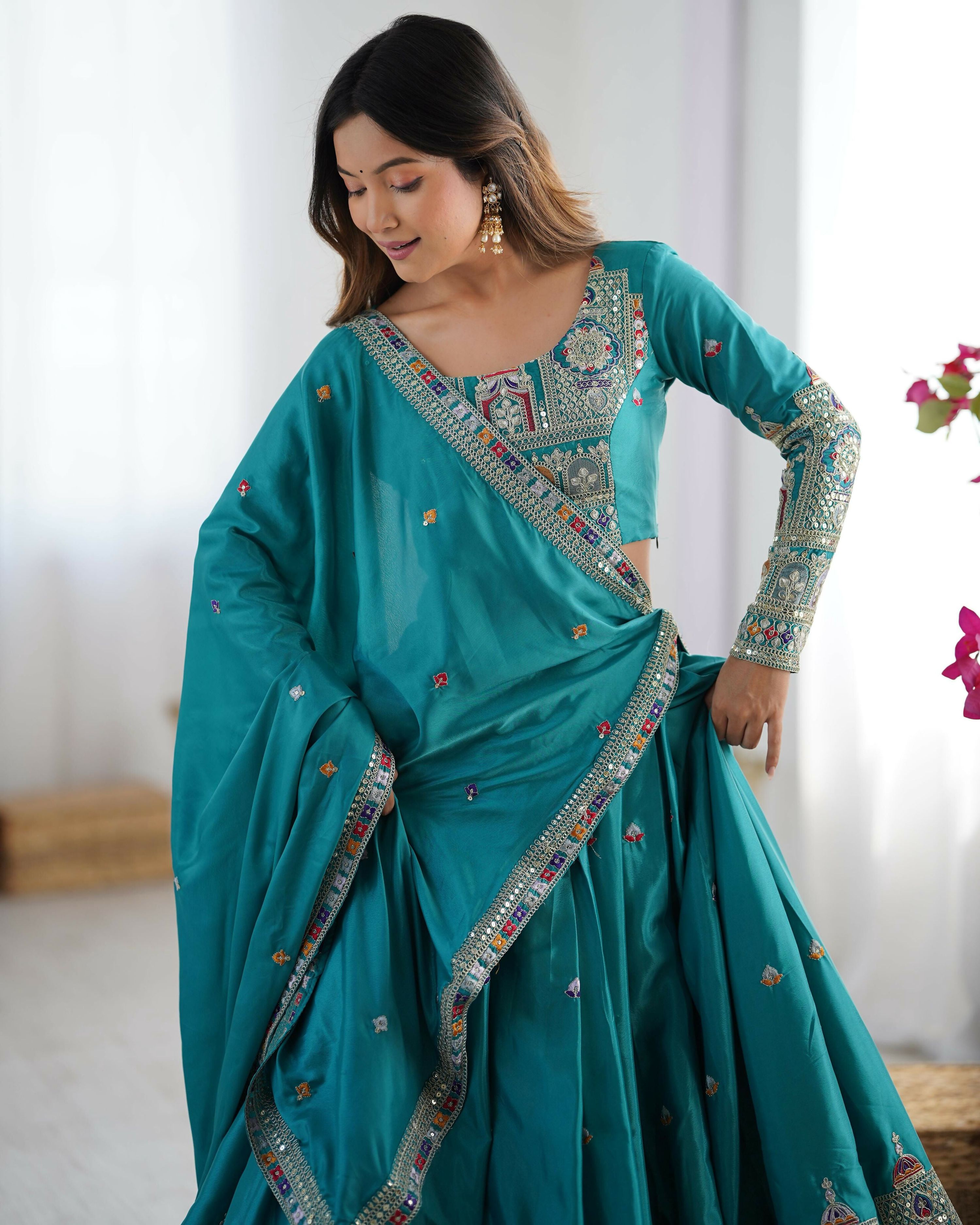 Joban Fashion Green Lehenga Crepe silk Coding Dori with Sequence with Rivet Moti