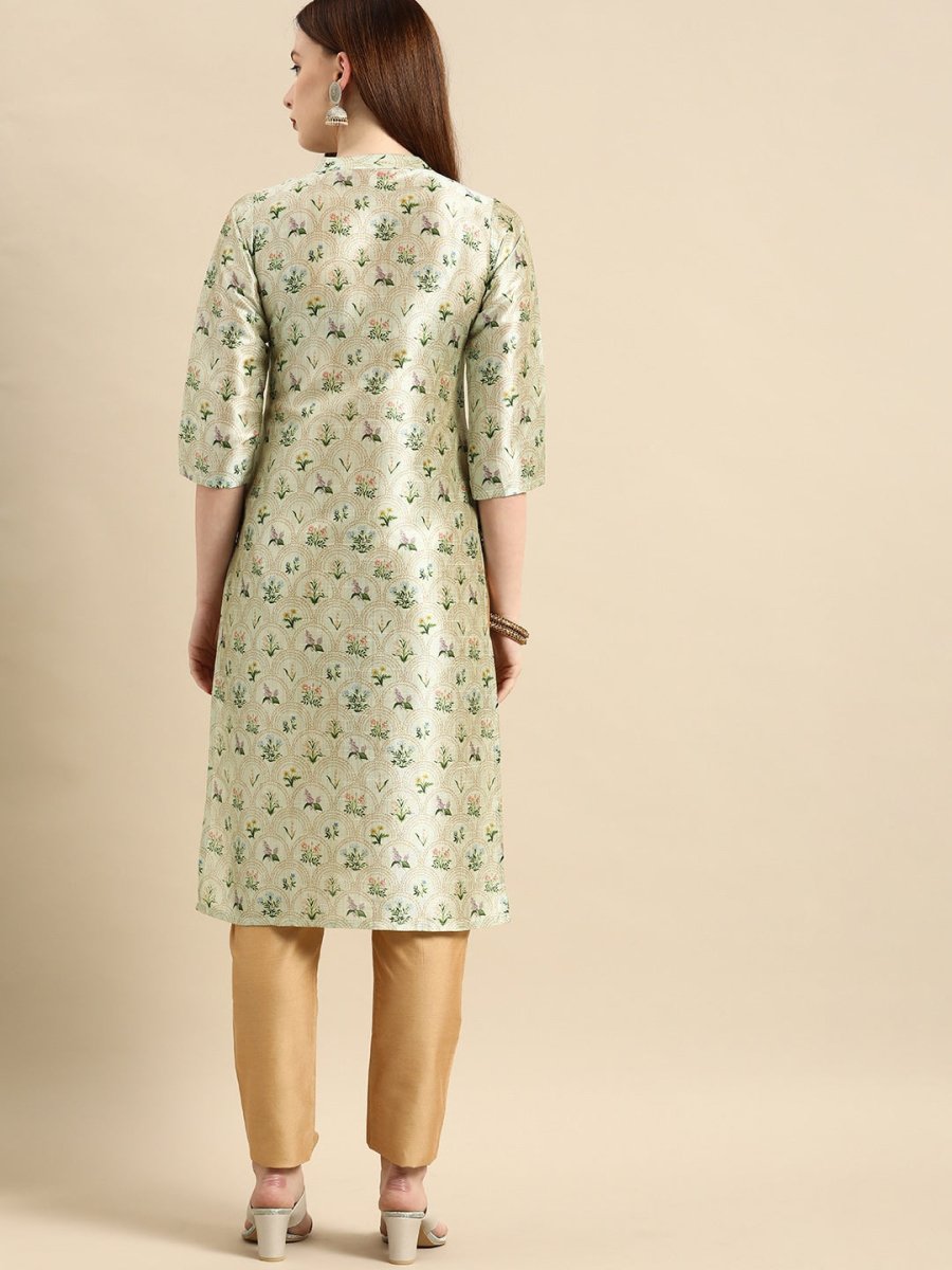 All About You Women Sea Green Floral Block Print Mandarin Collar Chanderi Silk Blend Kurta - Distacart