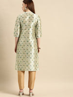 Thumbnail for All About You Women Sea Green Floral Block Print Mandarin Collar Chanderi Silk Blend Kurta - Distacart