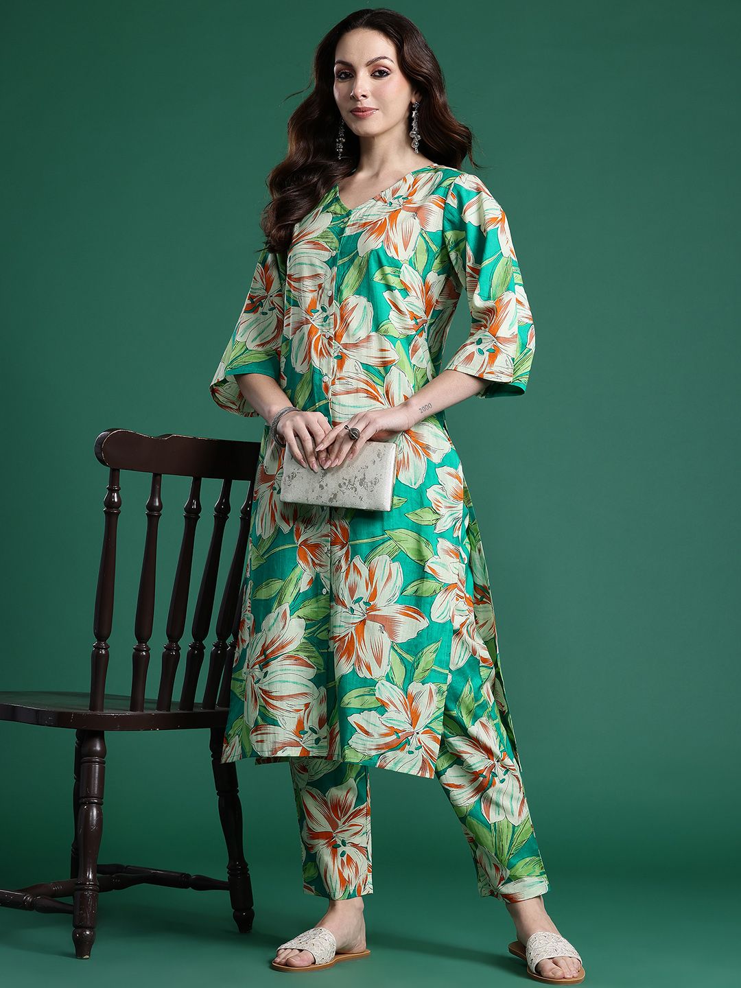 Indo Era Women Floral Printed Regular Pure Cotton Kurta with Trousers - Distacart