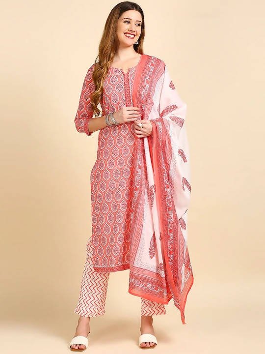 Anubhutee Pink & White Printed Kurta with Trousers & Dupatta - Distacart