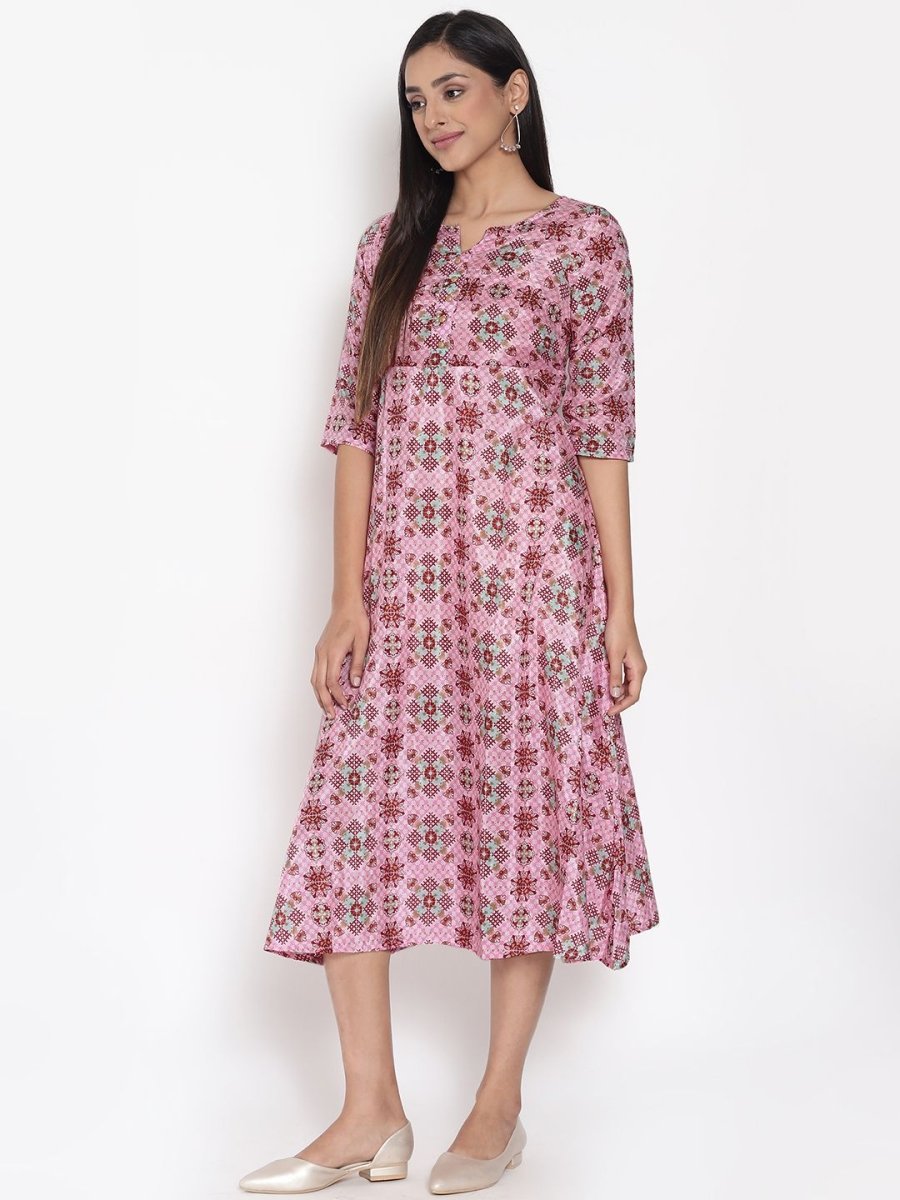 AURELIA Pink Floral Ethnic A-Line Midi Dress